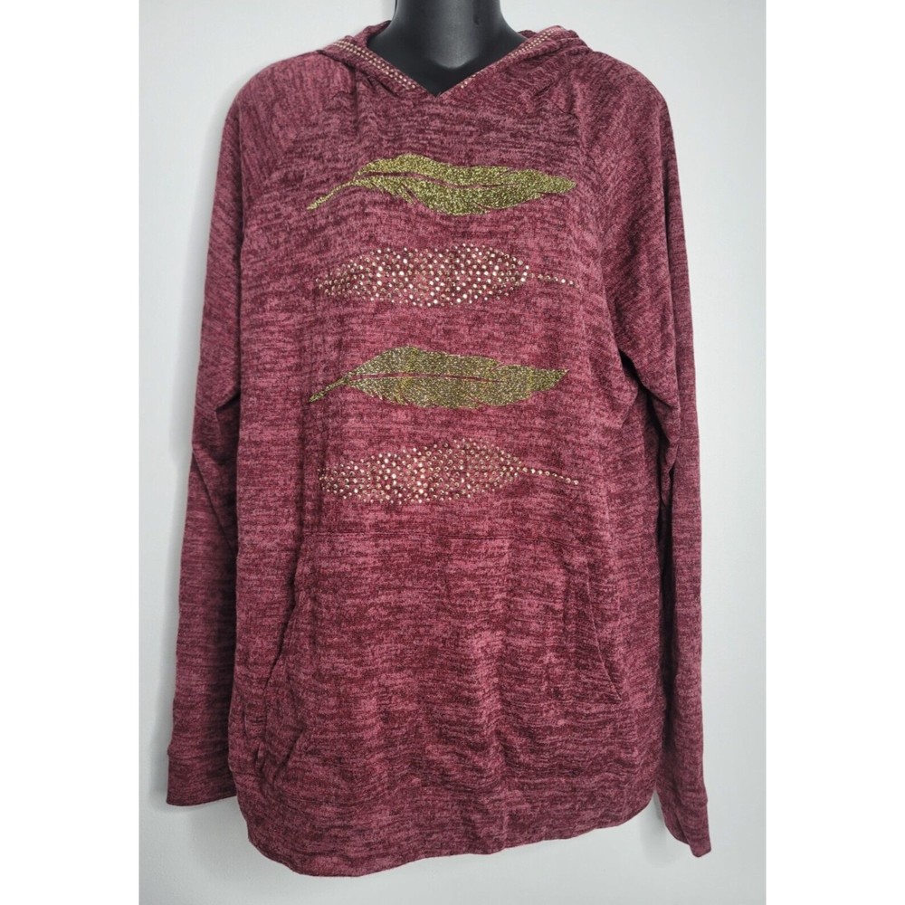 SJS Womens Hoodie Shirt 2X Heathered Red‎ Gold Feathers Pockets NEW Soft